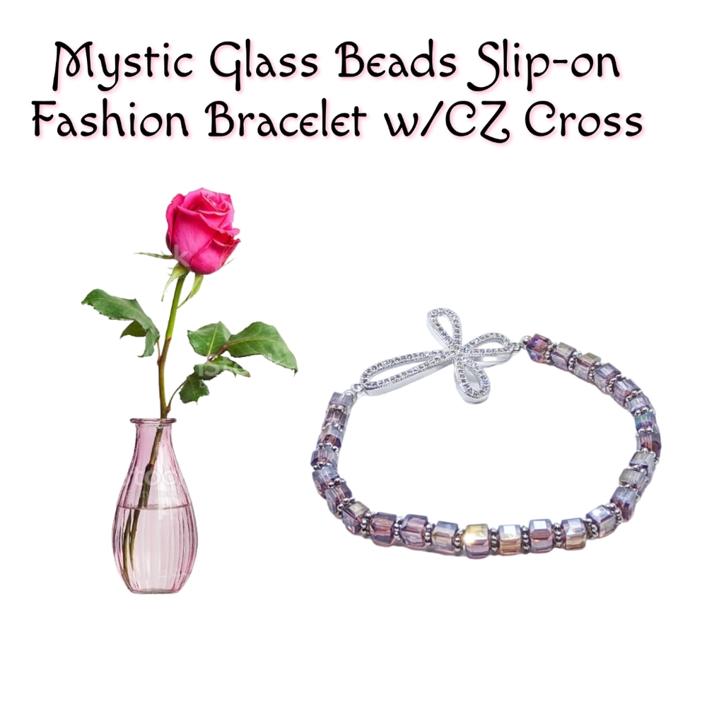 Mystic Glass Beads Slip-on Fashion Bracelet w/CZ Cross